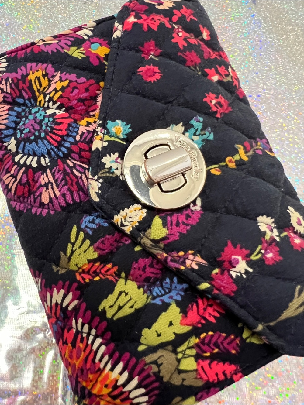 Vera Bradley Navy Blue Floral Turn Lock Crossbody Wallet Bag Quilted Small Purse